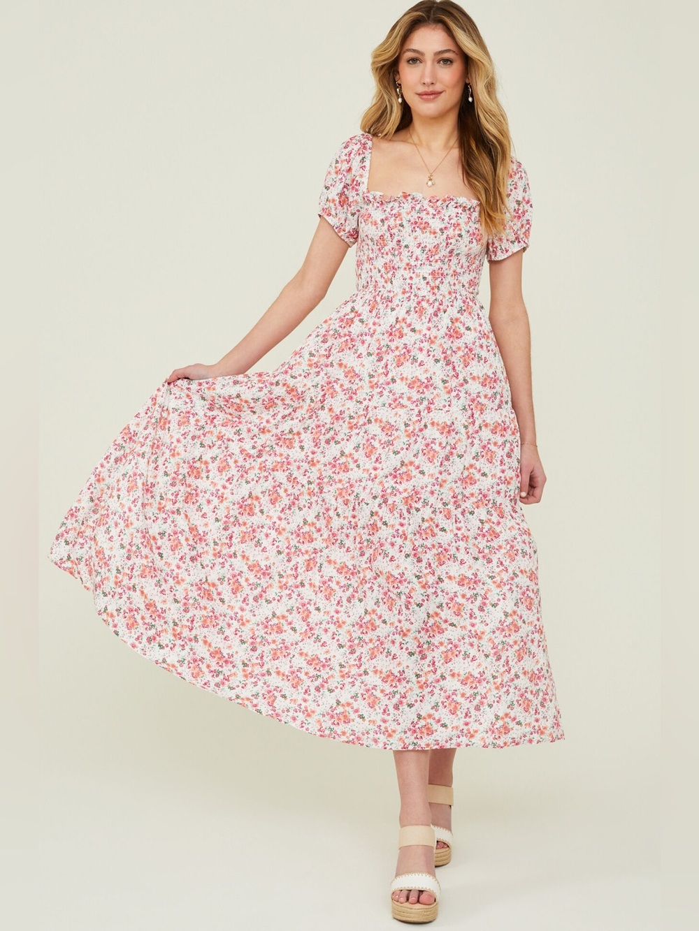Altar'd State Monica Smocked Midi Dress Floral Large Boho